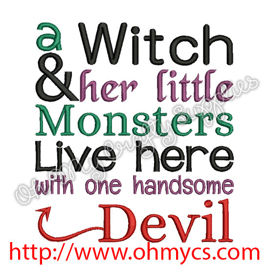 a Witch her Monsters and handsome Devil Embroidery Design