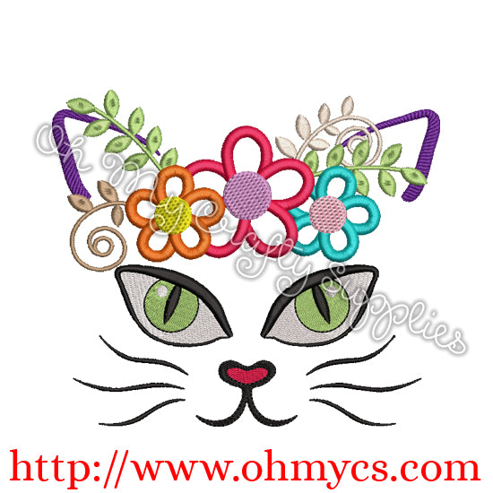 Kitty Cat Face with Flowers Applique