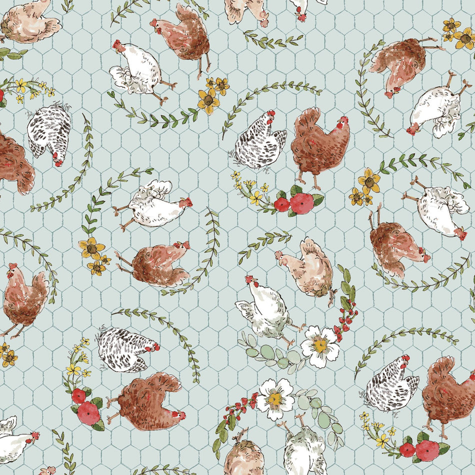 Cottontail Farm Chickens On A Wire (Blue) 1/2 yard