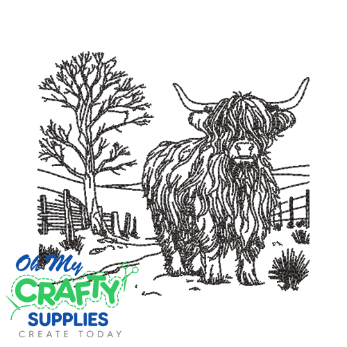 Highland Cow Scene Sketch Embroidery Design