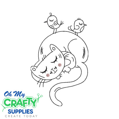 Lazy Cat with Birds Embroidery Design