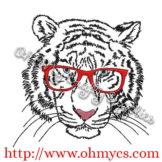 Tiger Drawing with Glasses Embroidery Design