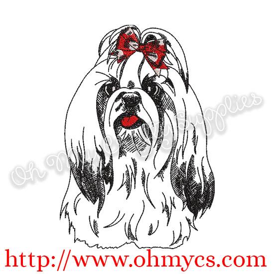 Sketch Shih Tzu with Bow Embroidery Design