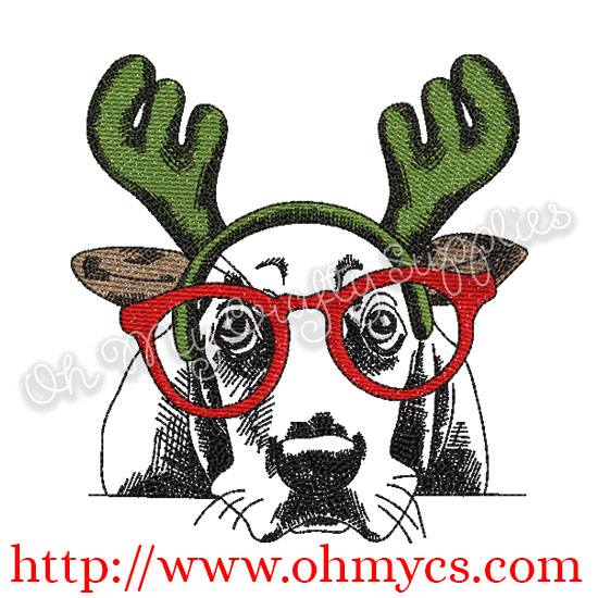 Sketch Christmas Basset Hound Dog Embroidery Design