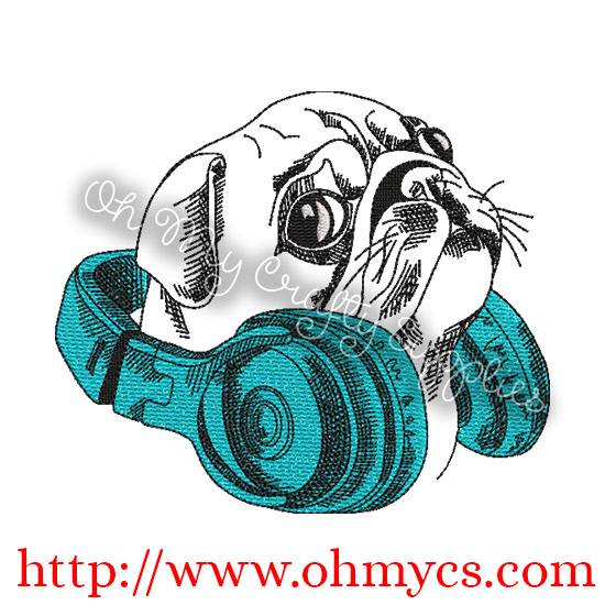 Sketch Pug with Head Phones Embroidery Design