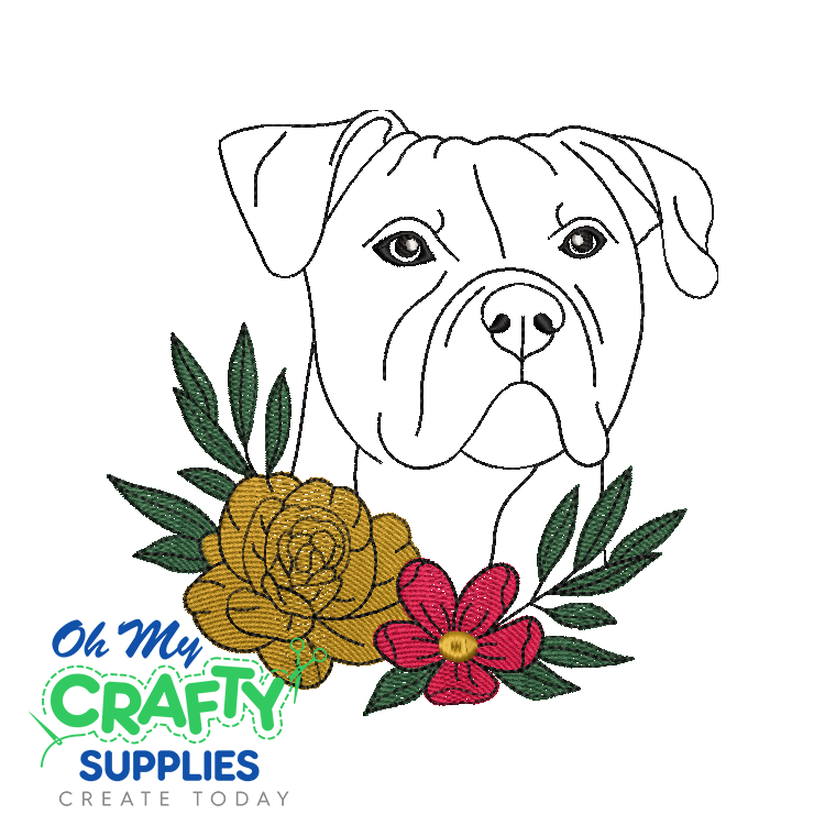 Boxer Dog with Flowers Embroidery Design