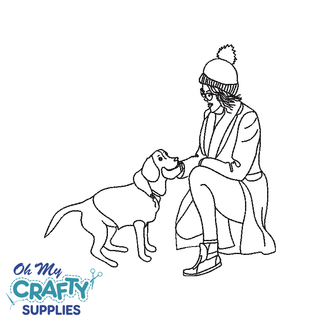 Girl Petting Dog Line Art Embroidery Design