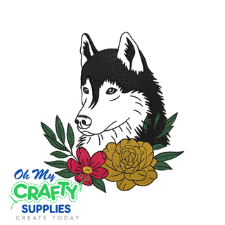 Husky Dog with Flowers Embroidery Design