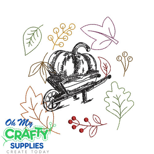 Pumpkin Wheelbarrow with leaves Embroidery Design