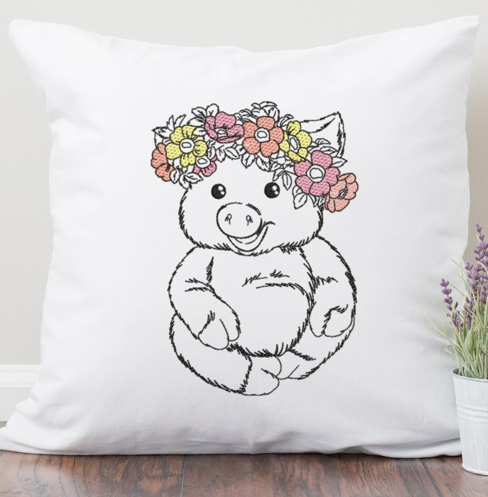 Baby Pig with Floral Crown Embroidery Design - Oh My Crafty Supplies Inc.