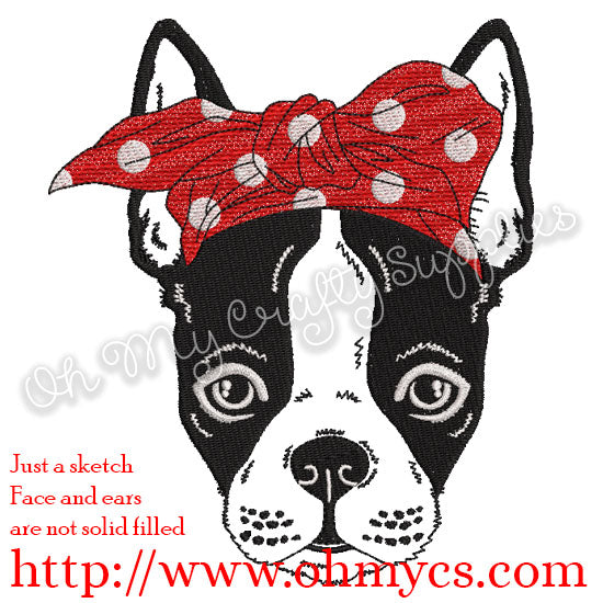 Sketch Boston Terrier with Headband Embroidery Design