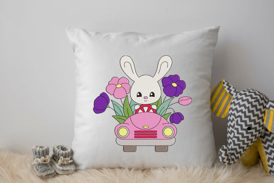 Easter Bunny in Car Embroidery Design