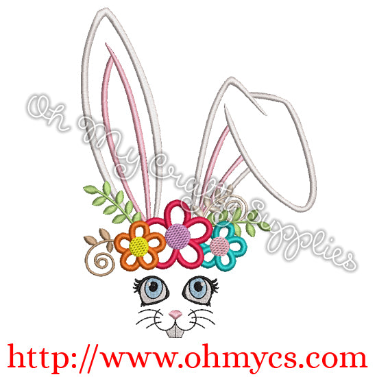Bunny Face and Flowers Embroidery Applique