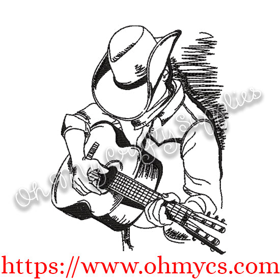 Guitar Western Cowboy Sketch Embroidery Design