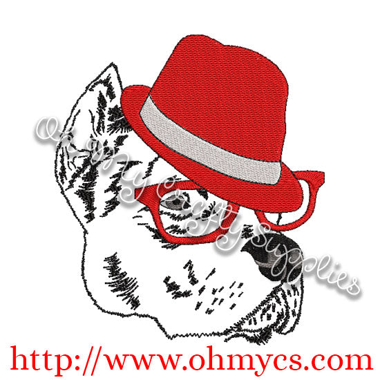Drawing of dog with Hat and Glasses Embroidery Design