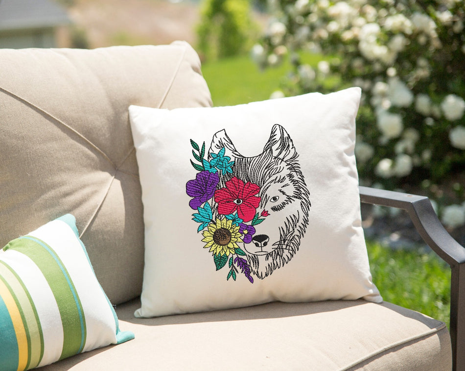 Floral Wolf Embroidery Design