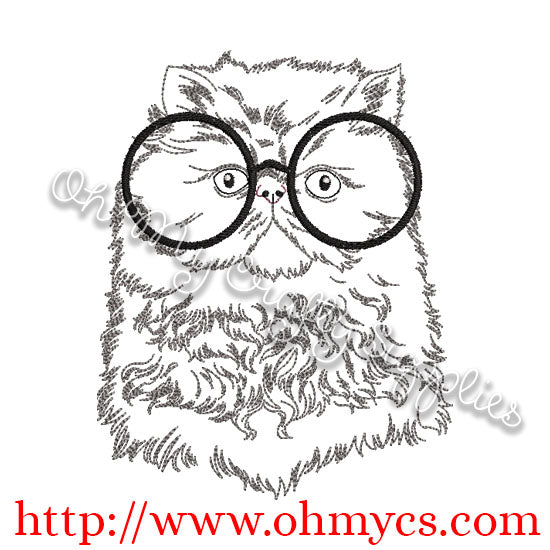 Fluffy Sketch Cat With Glasses Embroidery Design