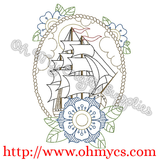 Henna Ship with Border Embroidery Design