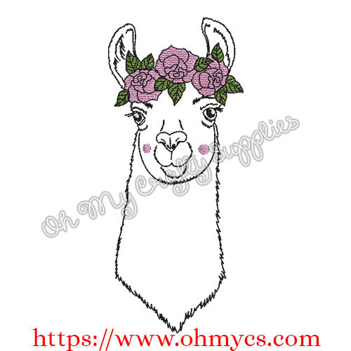 Girly Llama with Flower Crown Embroidery Design