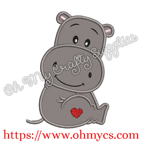 Heart Valentine Hippo Applique Design