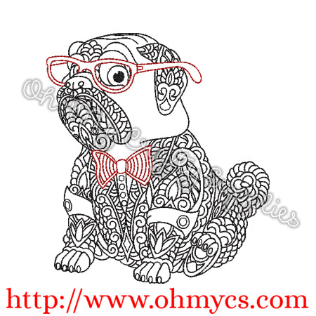 Henna Pug w Glasses and Bowtie Embroidery Design