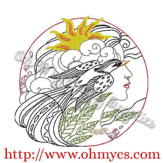 Lady Sun and Bird Embroidery Design
