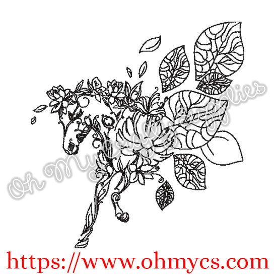 Leafy Horse Sketch Embroidery Design