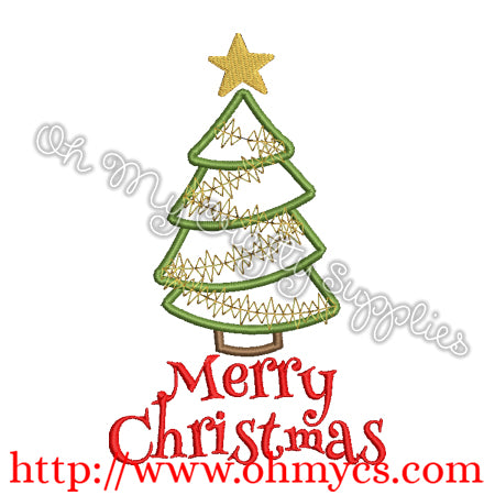 Merry Christmas w Tree Embroidery Design