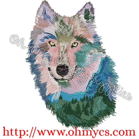 Mountain Scenic Wolf Face Embroidery Design