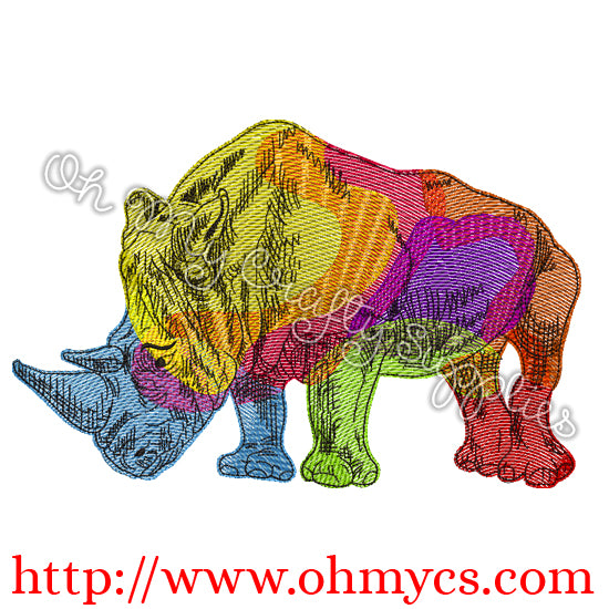 Rainbow Rhino Embroidery Design