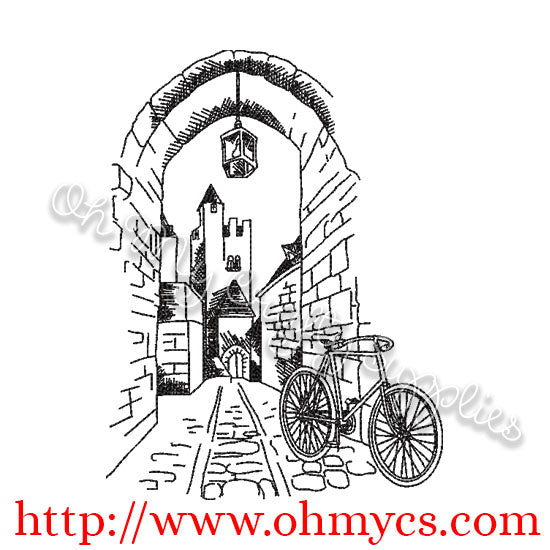 Scenic Street with Bike Sketch Embroidery Design