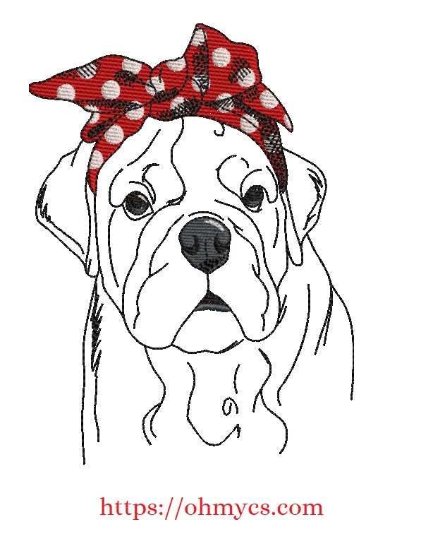Sketch English Bulldog with Bow Embroidery Design