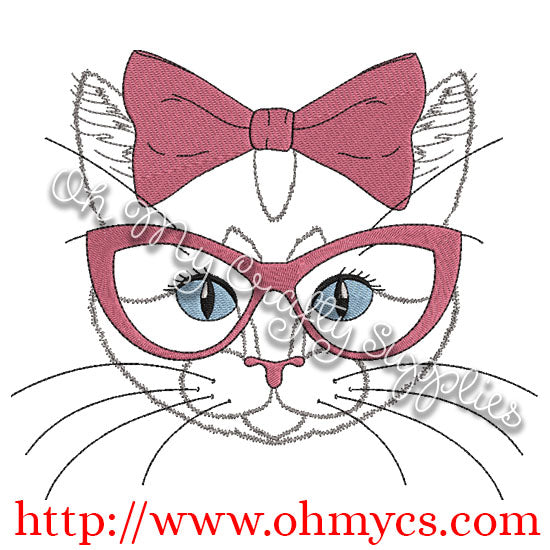 Sketch Cat with bow and glasses Embroidery Design