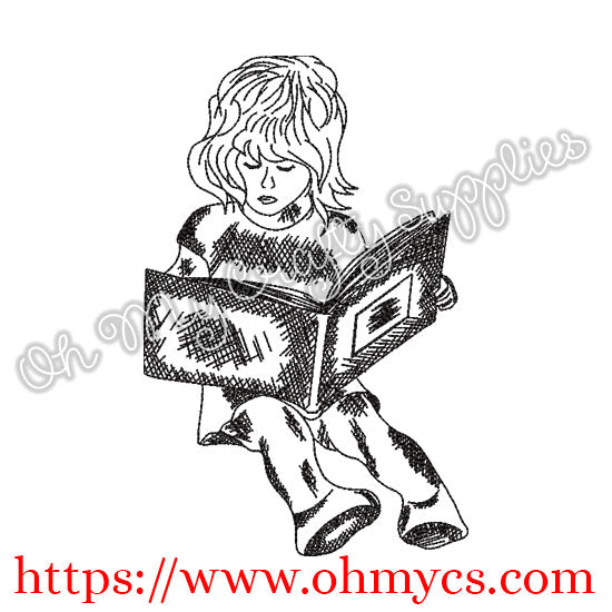 Sketch Girl Reading Book Embroidery Design