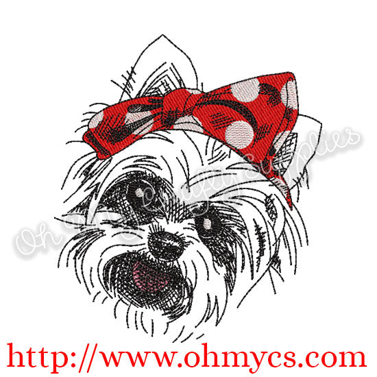 Sketch Yorkie with Headband Embroidery Design