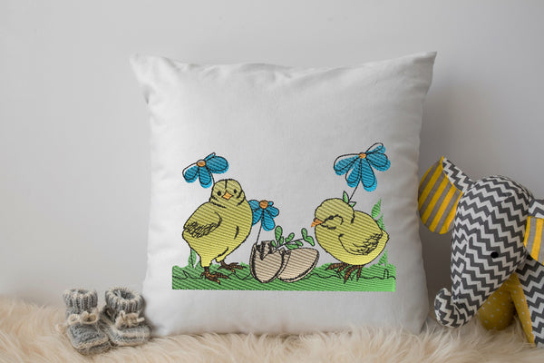 Spring Chicks with Flowers Embroidery Design
