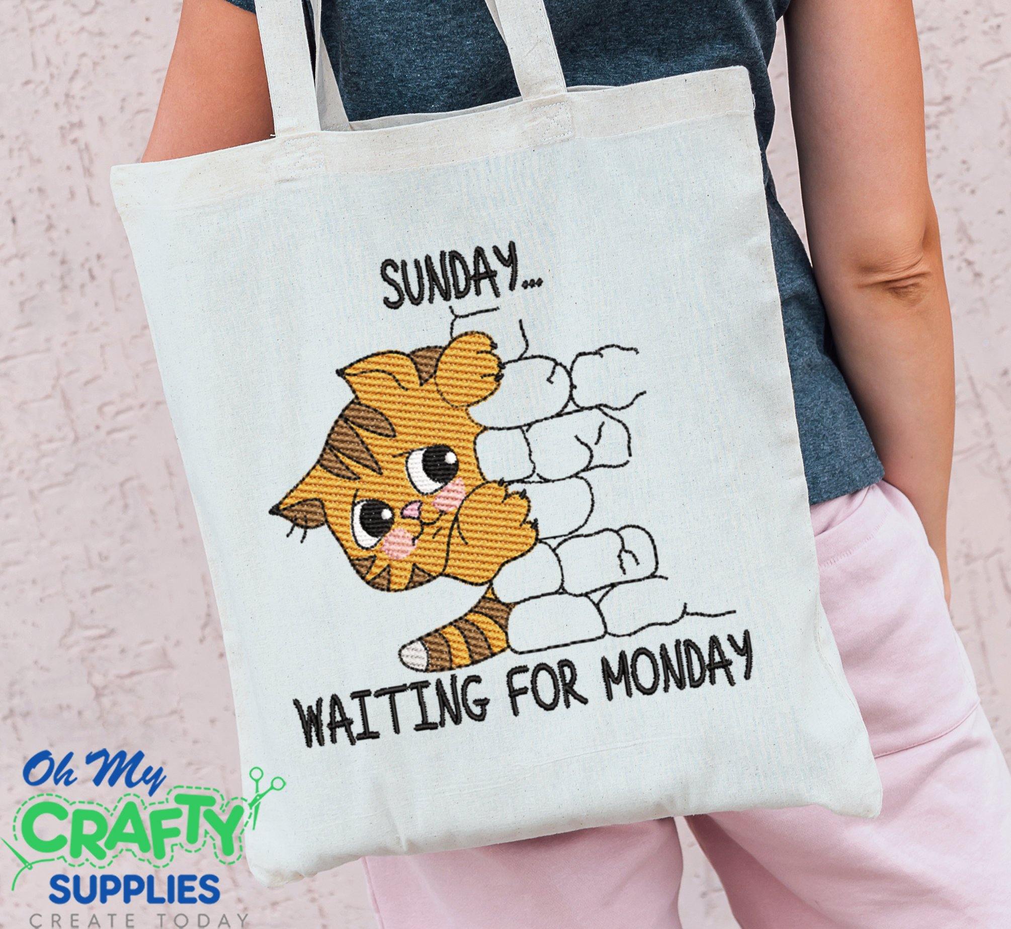 Sunday Waiting on Monday Sketch Cat Embroidery Design - Oh My Crafty Supplies Inc.