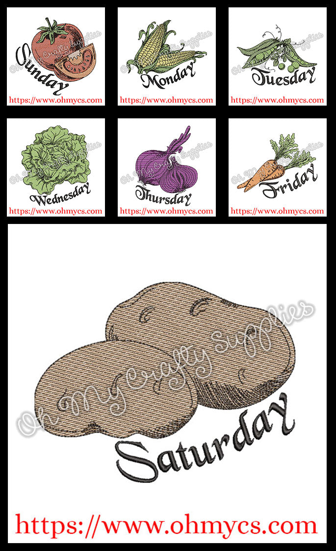 Day of the week Veggies sketch bundle Embroidery Design Bundle
