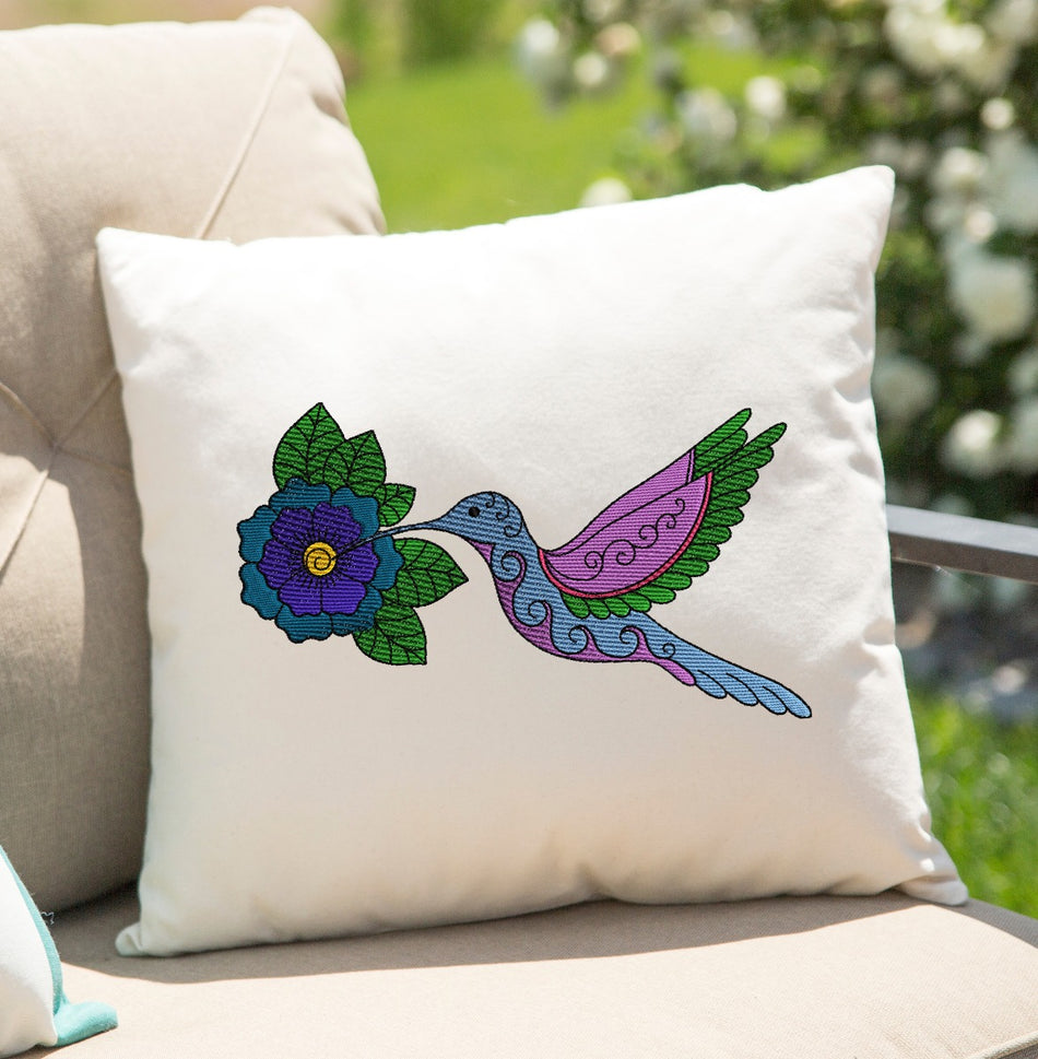 Watercolor Henna Flower Hummingbird Embroidery Design