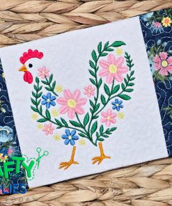 Floral Silhouette Rooster Mug Rug Embroidery Design (REV)