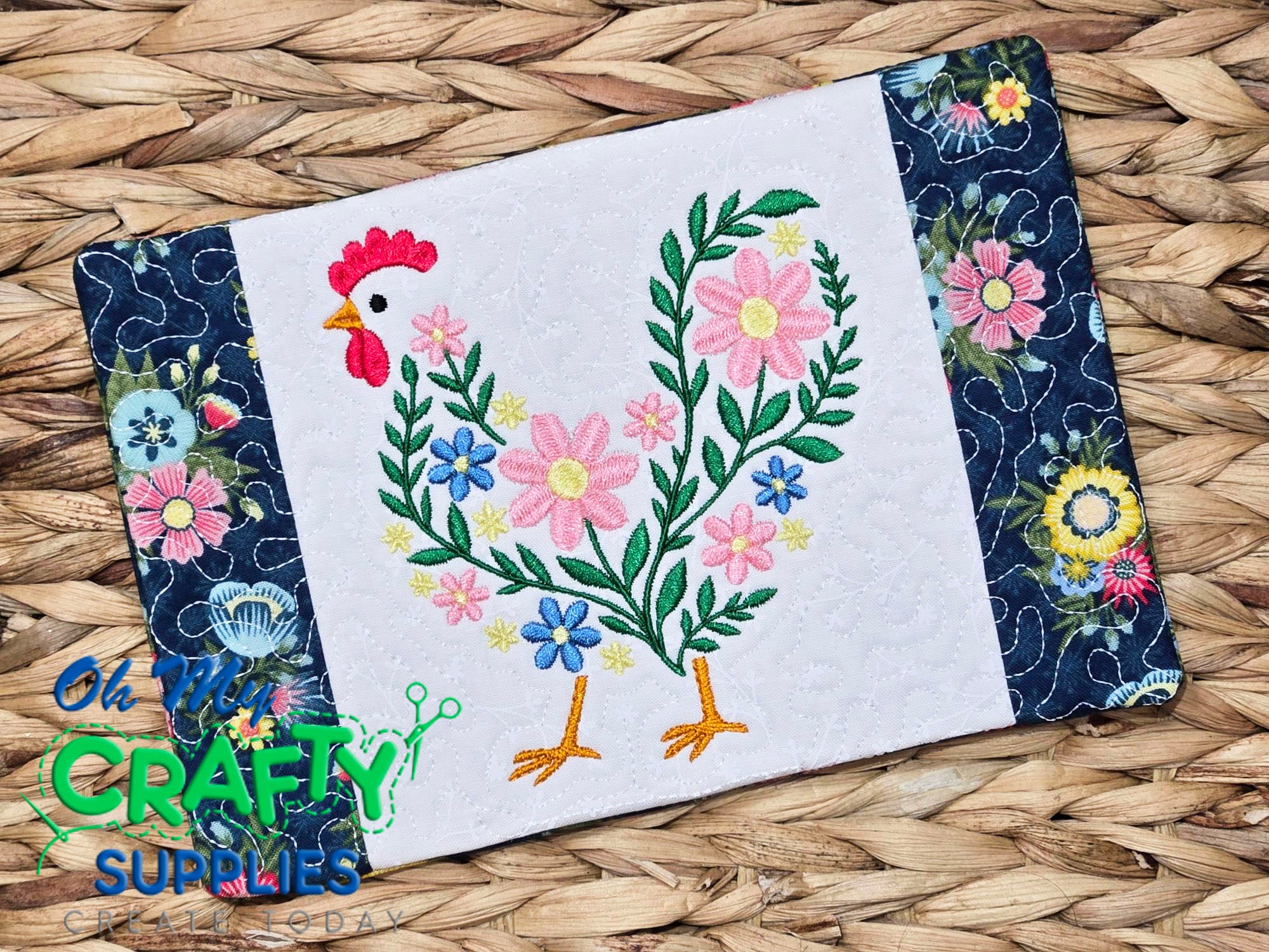 Floral Silhouette Rooster Mug Rug Embroidery Design (REV)