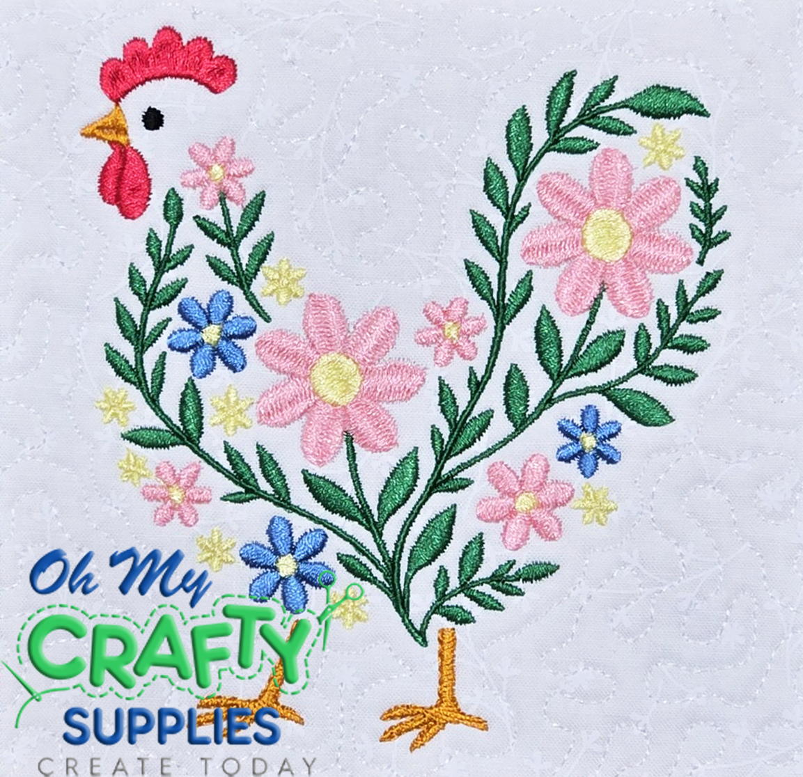 Floral Silhouette Rooster Embroidery Design