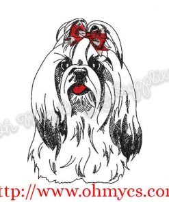 Sketch Shih Tzu with Bow Embroidery Design