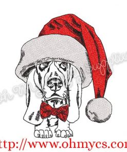 Sketch Basset Hound with Santa Hat Embroidery Design