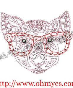 Henna Pig with Glasses Embroidery Design