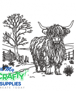 Highland Cow Scene Sketch Embroidery Design