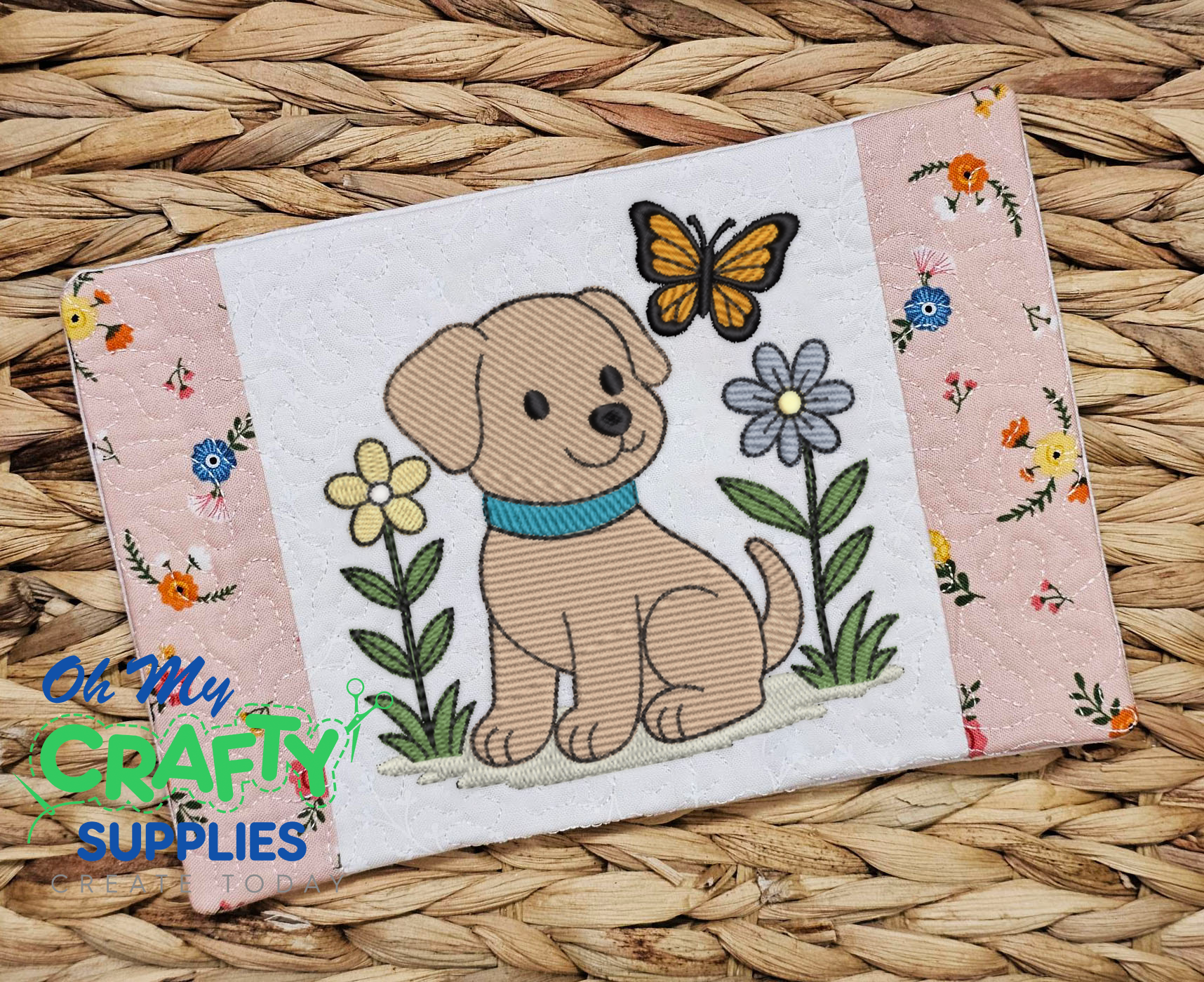 Floral Puppy Mug Rug Embroidery Design (MRM)