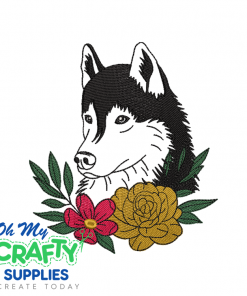 Husky Dog with Flowers Embroidery Design