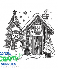 Snowman Cabin Sketch Embroidery Design