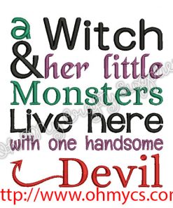 a Witch her Monsters and handsome Devil Embroidery Design